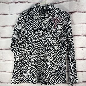 Cowgirl Hardware Shirt Womens SZ L Black White Horses Long Sleeve Snap Western